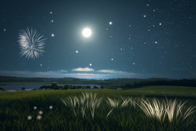 Night Field with Fireworks