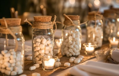 Rustic Wedding Table Setup with Glass Favour Jars