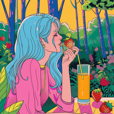 Girl analyzing strawberry in a vibrant forest