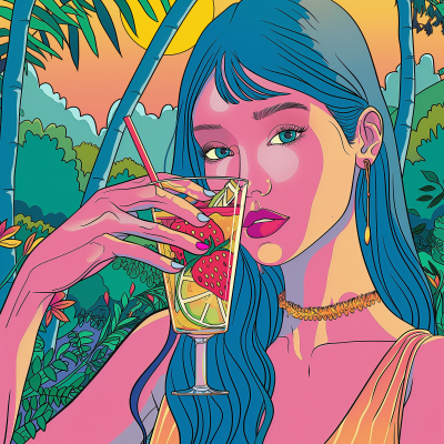 Girl Drinking Strawberry Lemonade in a Vibrant Forest