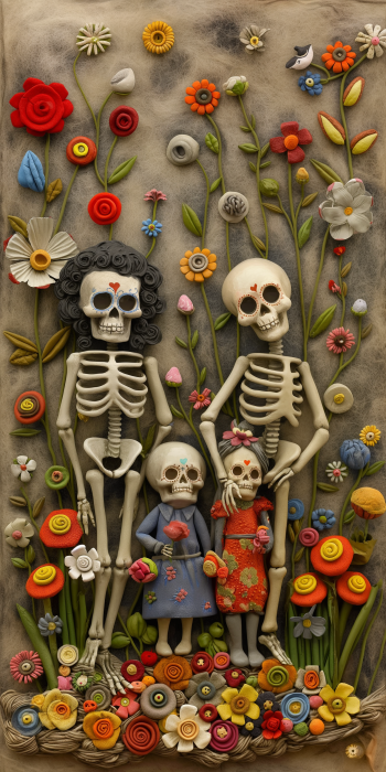 Cute Skeleton Family in Vibrant Flower Field