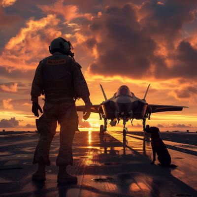 F35 Fighter Jet at Sunset on Aircraft Carrier