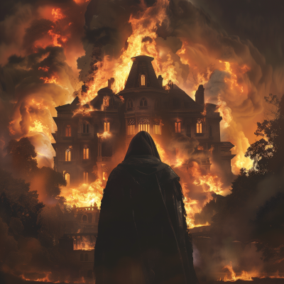 Dark Cultist Standing in Front of Burning Mansion