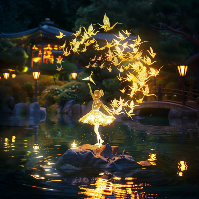 Glowing Paper Cranes in Japanese Water Garden