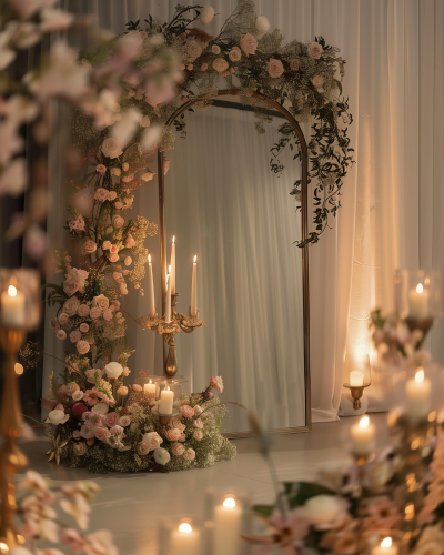 Elegant Mirror Decorated with Flowers and Candles in Conference Room