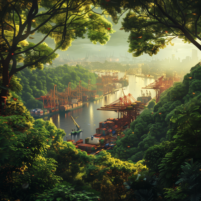 Container Port with Ships and Green Forest Background