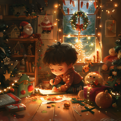 Boy Writing Letter to Santa Claus