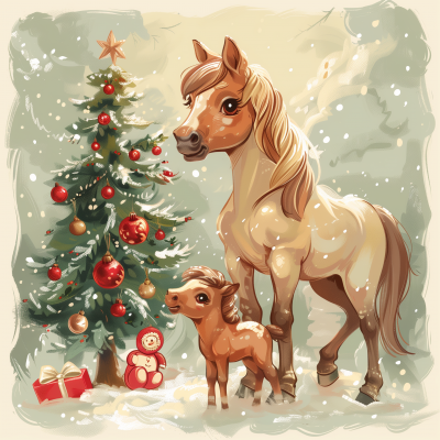 Christmas Horse and Foal Illustration
