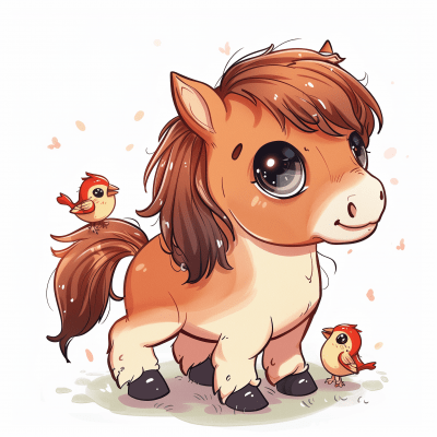 Chibi Horse with Bullfinches Illustration