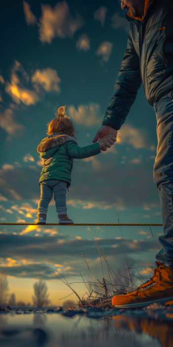 Father and child balancing on slackline