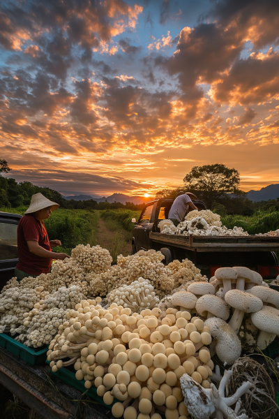 Thai Farmers Selling Schizophyllum Mushroom at Sunset