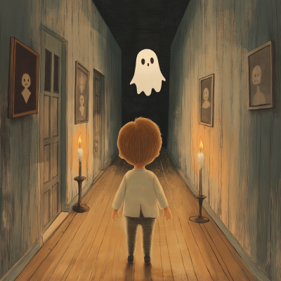 Spooky Hallway with Ghost and Child
