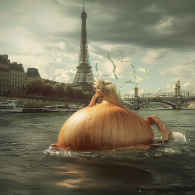 Anthropomorphized Onion Swimming in Seine River