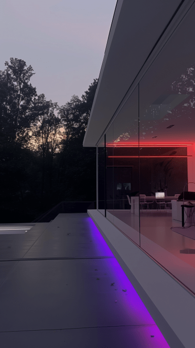 Minimalist Glass House Interior at Dusk