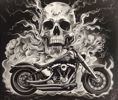 Monochromatic Skull and Motorcycle Artwork