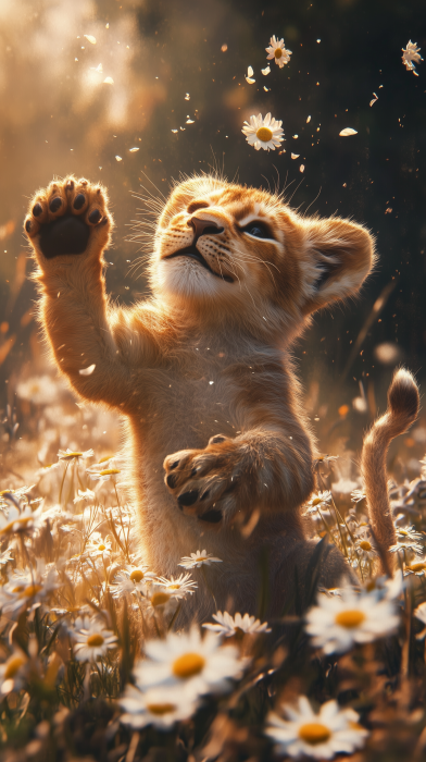 Lion Cub Playing in Daisy Field