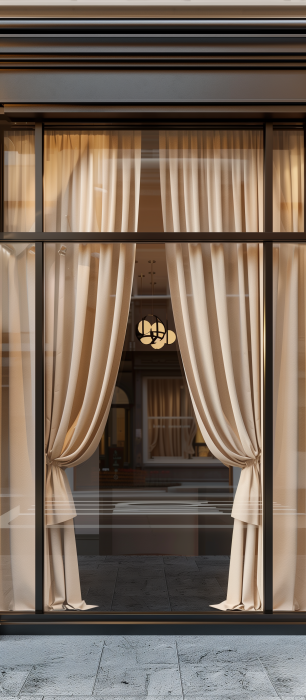 Elegant Storefront Window with Beige Curtain