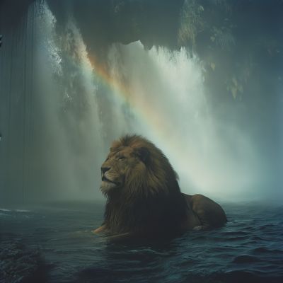 Majestic Lion at Waterfall