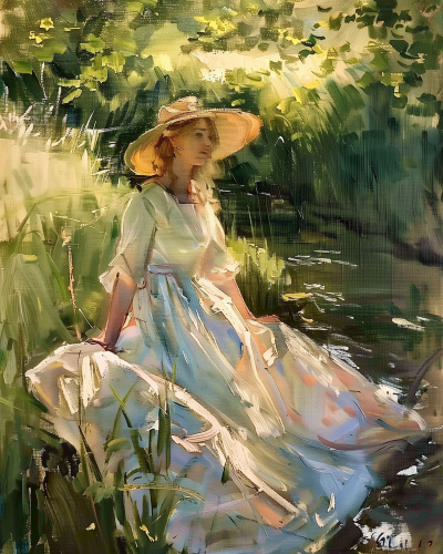 Blonde Woman in Garden Oil Painting