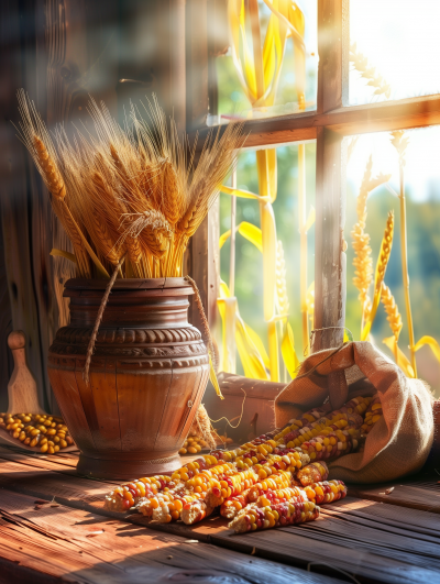 Sunlit Wooden Table with Corn and Sweets