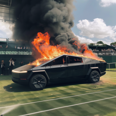 Burning Tesla Cyber Truck at Wimbledon Central Court