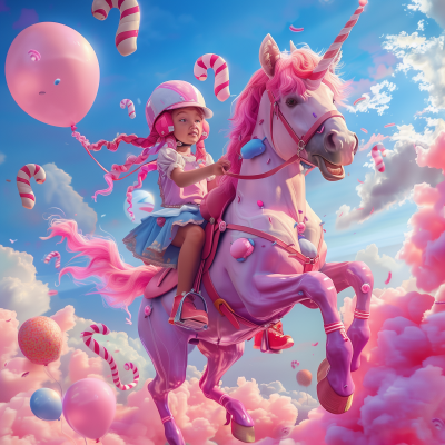 Girl riding pink pony in a whimsical scene