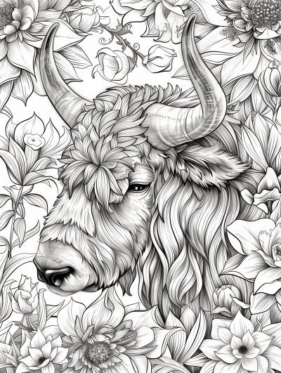 Symmetric Muskox and Flowers Line Art Illustration