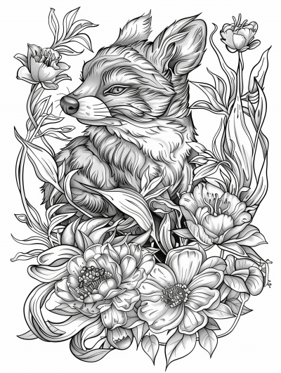 Symmetric Fisher Animal and Flowers Line Art Illustration