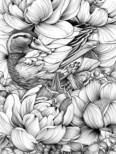 Symmetric Duck and Flower Line Art Illustration