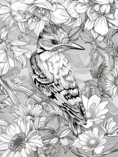 Symmetric Woodpecker and Flowers Line Art Illustration