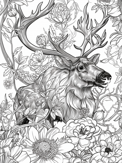 Symmetric Caribou and Flowers Illustration