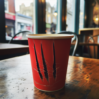 Scratched Red Coffee Cup on Wooden Table