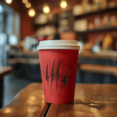 Scratched Red Cardboard Coffee Cup on Wooden Table