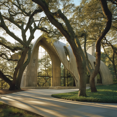 Modern Church in Live Oak Trees Forest