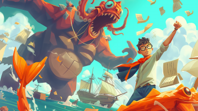 Student Hero vs Evil Sea Monster Cartoon Illustration