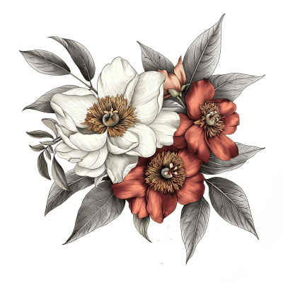 Interwined Peony & Rhubarb Graphic Composition