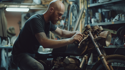 Man Working on Rusty Motorcycle in Garage