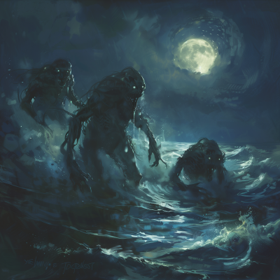 Moonlit Night with Emerging Humanoid Creatures