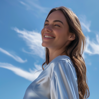 Woman in Blue Silk Top Outdoors