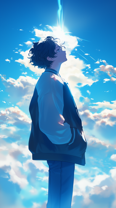 Anime-inspired Young Man on Clouds