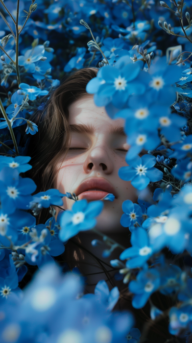 Woman Surrounded by Blue Flowers