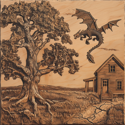 Old Wood Carving Stamp and Schoolhouse in Prairie
