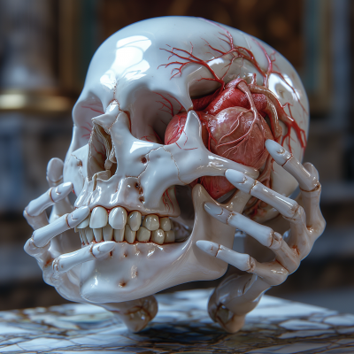 Hyper Realistic Ceramic Skull Head with Human Heart