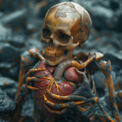 Skull and Human Heart on Black Soil