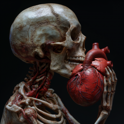 Porcelain Human Skull Holding Red Heart