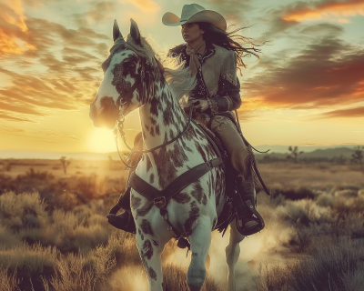 Female Cowboy Riding Appaloosa Horse in California Steppe