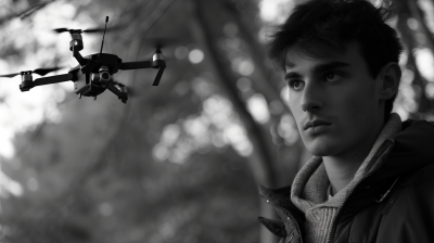 Young man flying drone near a forest