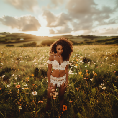 Caribbean Woman in Field of Flowers