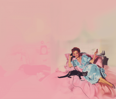 Vintage Illustration of Woman on Pink Bed with Black Cat