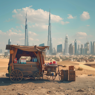 Desert Cityscape with Carts and Handymen